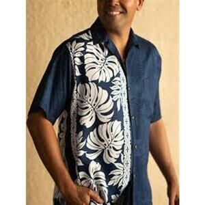 Vintage Hilo Hattie Men's Blue White Prince Kuhio Aloha Button Shirt Size Large